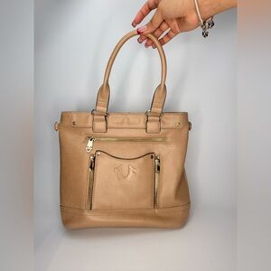 True Religion Tan Tote Satchel Handbag Horseshoe Logo Zip Pockets